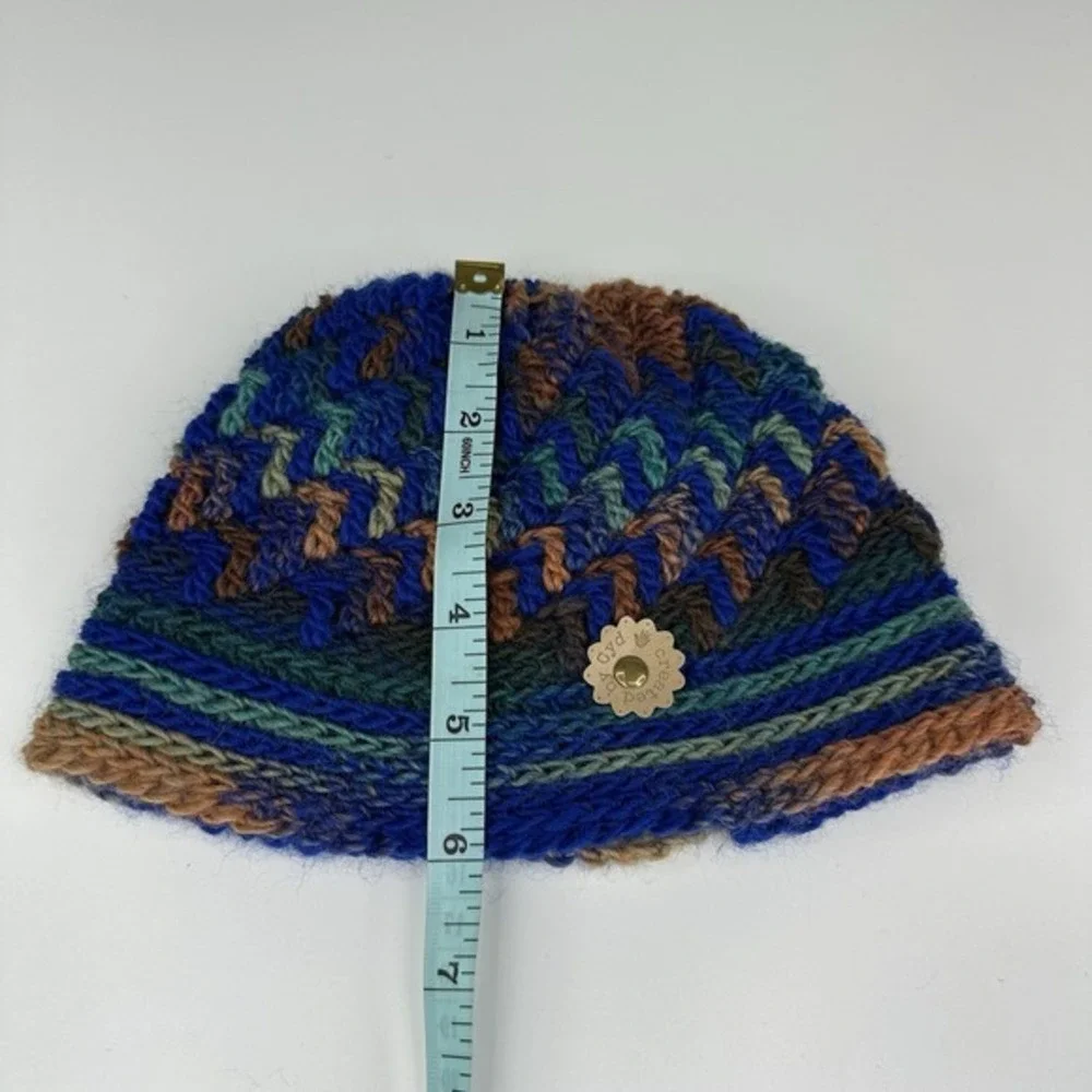 Created by Cyd Handmade Crochet Beanie Hat Blue Green Brown Boho Knit Cap NEW